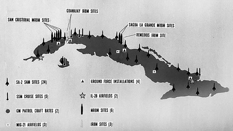 Una mappa che mostra le installazioni missilistiche sovietiche, sul suolo cubano, note agli americani.