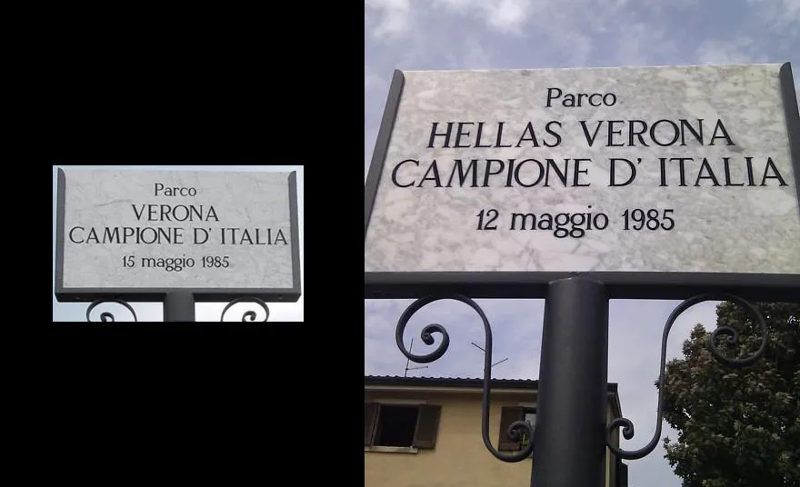 Targa sbagliata parco Hellas Verona campione d'Italia