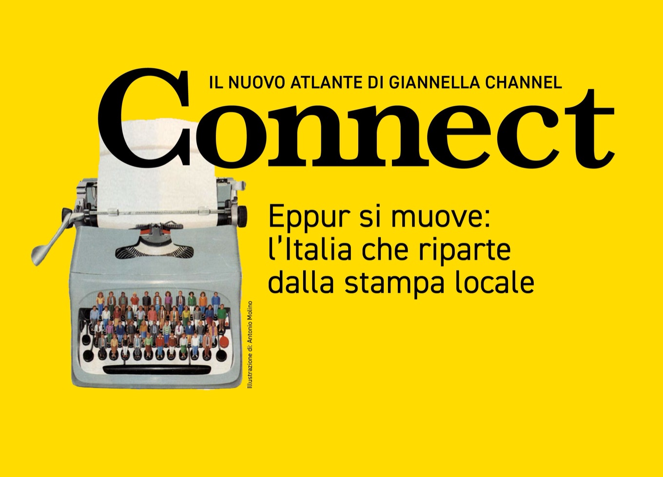 Connect — Il nuovo Atlante di Giannella Channel. Eppur si muove: l'Italia che riparte dalla stampa locale. Illustrazione di Antonio Molino: una macchina da scrivere Olivetti con uomini e donne al posto dei tasti. © Antonio Molino per Giannella.